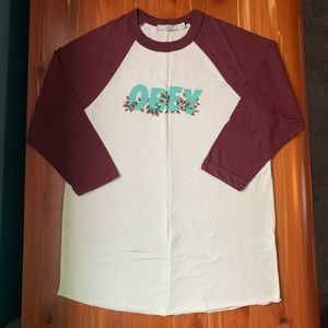 Obey maroon and white 3/4 sleeve baseball T-shirt